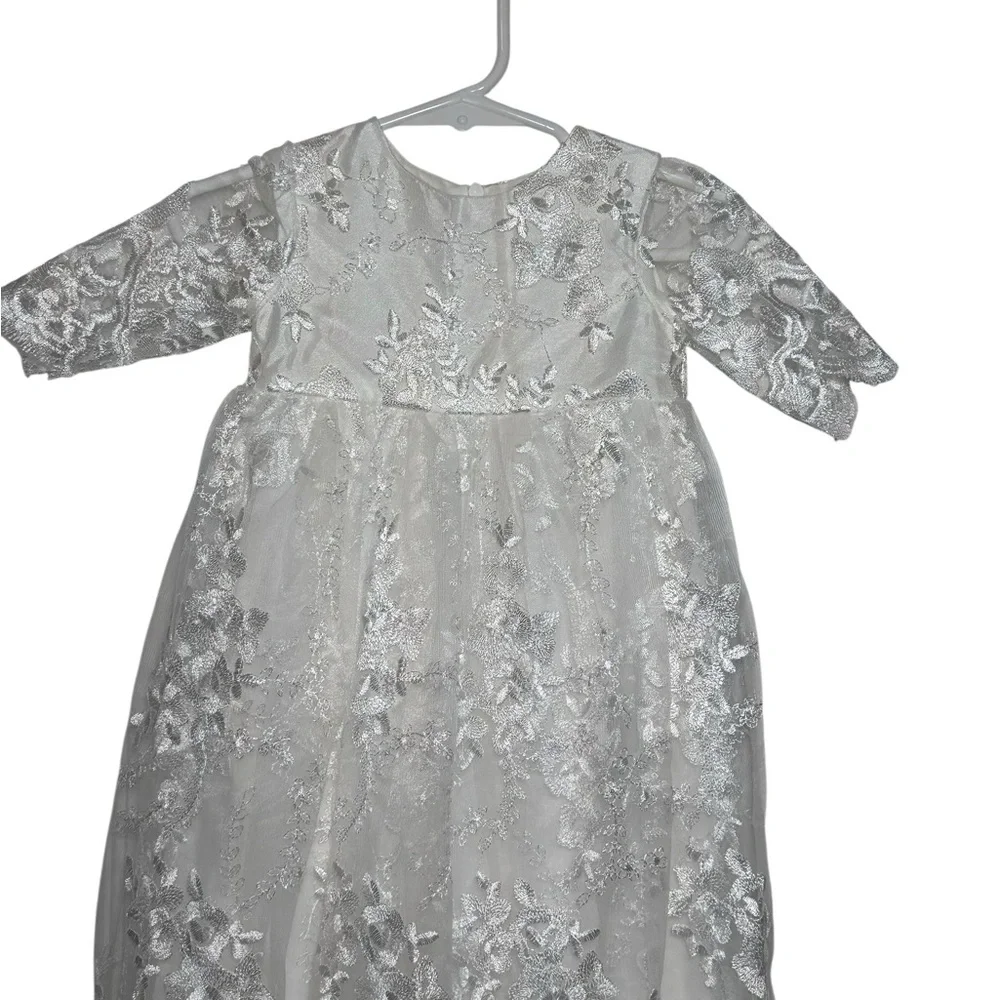 White Floral Lace Christening Gown Silver‎ Metallic Embroidery Baptism Dress